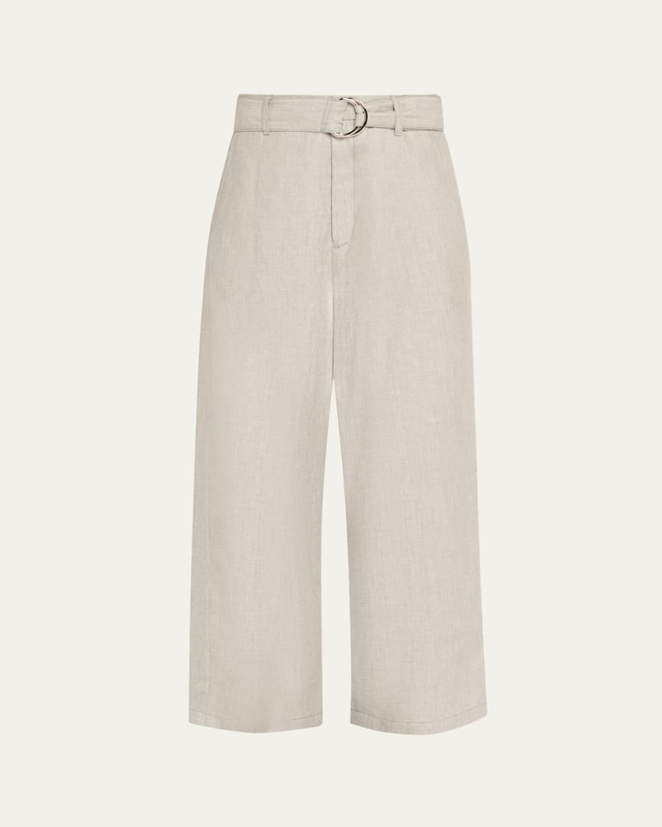 Chambray Belted Wide-Leg Cropped Pants